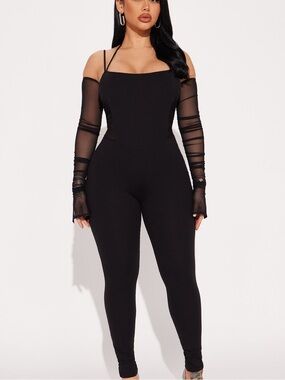 NWOT Fashion Nova Black Ruched Jumpsuit with Mesh Sides (No Sleeves)